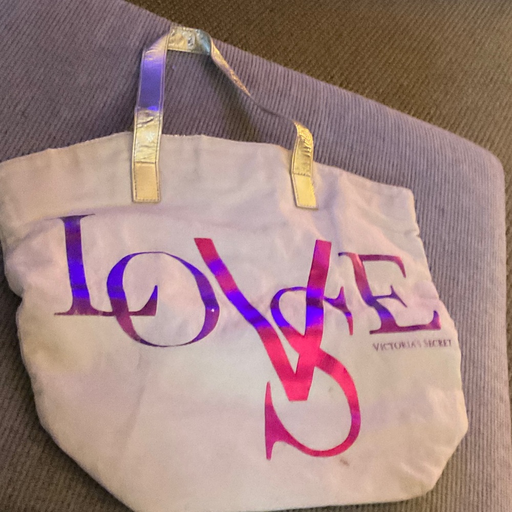 Victoria's Secret Cream Tote with Pink and Purple Love Design